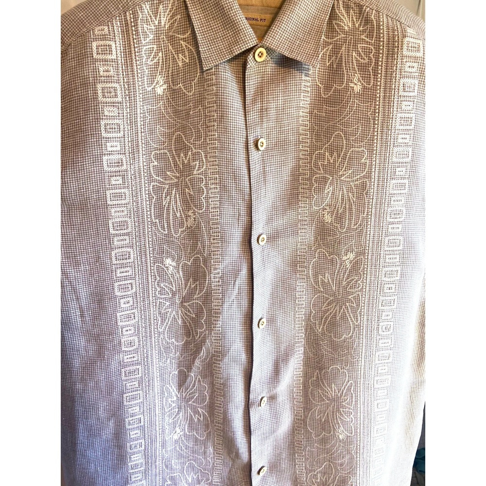 Tommy Bahama Mens Linen Shirt Tan White Micro Check Floral Embroidered Large